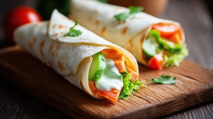 Fresh Chicken Kebab Wrap with Salad on Wooden Board
