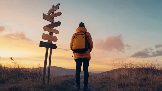 Hiker wearing bright orange backpack pausing at trail crossroads, silhouetted against golden sunset, multiple directional signposts surrounding mountainous wilderness backdrop