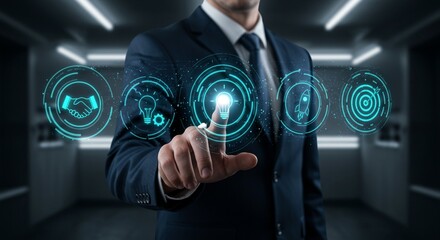 Business Presentation Hologram: Low-Angle Shot of Man Interacting with Glowing Process Flow