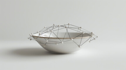 A porcelain bowl isolated on white background is adorned with a delicate silver web, creating a captivating blend of fragility and intricate design