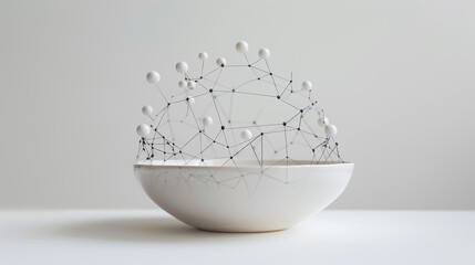 Minimalist bowl containing a network of interconnected spheres, isolated on white background, symbolizing connections and communication in a modern context