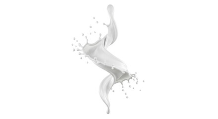 Dynamic splash of white milk or cream, frozen in elegant twisted spiral with scattering droplets against a transparent background with copy space, concept for beverage advertising