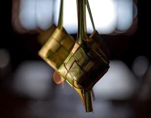 Close-up of traditional woven ketupat hanging with warm lighting, symbol of Eid al-Fitr celebration.