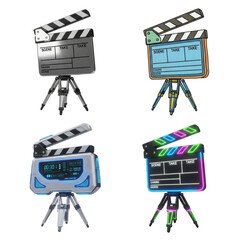 Four stylized movie clapperboards on tripods, each with a unique color scheme and design.
