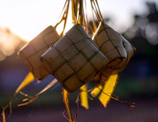 Close-up of traditional woven ketupat hanging with warm lighting, symbol of Eid al-Fitr celebration.