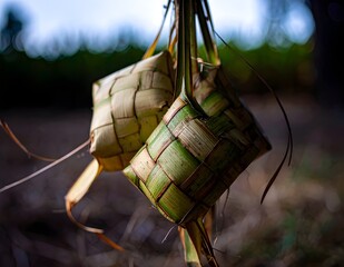 Close-up of traditional woven ketupat hanging with warm lighting, symbol of Eid al-Fitr celebration.