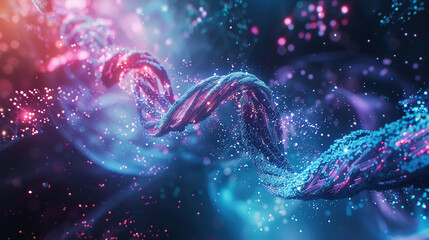 Abstract dna strand with glowing particles, creating a futuristic and technological representation of genetic information and scientific advancement with vibrant colors