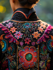 Intricate embroidery on a jacket back featuring colorful floral patterns and detailed stitching, showcasing artistic craftsmanship and vibrant textile art