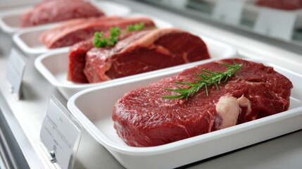Fototapeta premium Assorted raw beef steaks displayed on white trays in a butcher shop