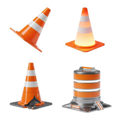 Four different orange and white traffic cones are displayed, two traditional and two with a futuristic design.