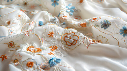 Delicate white fabric adorned with pastel floral embroidery, capturing the essence of spring and elegance isolated on white background