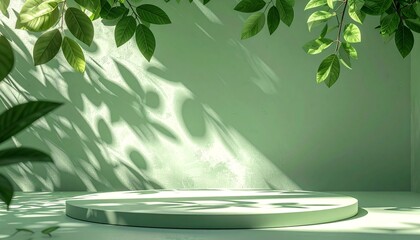 3D green background with tree leaves shadow. Natural, organic beauty, cosmetics, product display. 3D render mockup. Minimal trendy botanical illustration for branding.