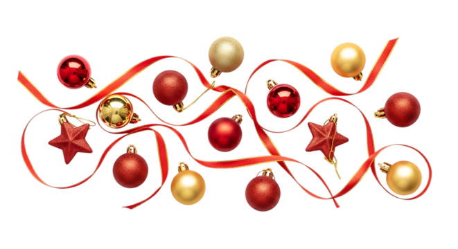 Festive christmas ornaments and ribbon isolated on transparent background, creating a cheerful and decorative arrangement for holiday celebrations and seasonal designs, adding a touch of elegance and 
