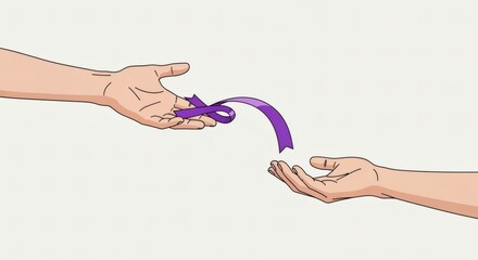 Minimal flat editorial illustration of two hands passing a purple ribbon to each other. Symbolic unity and support concept
