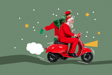 Zine 3d art pop image collage of two happy old man santa claus young girl elf winter present delivery moped xmas occasion event