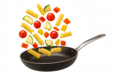 Pasta, cherry tomatoes, zucchini, and bell peppers soaring into a non-stick frying pan, creating a dynamic cooking scene on a transparent background