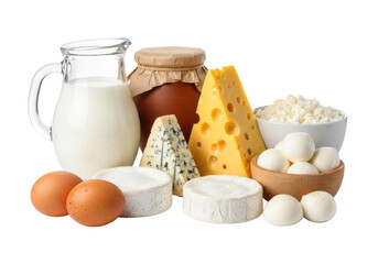 Photorealistic still life with creamy milk, various cheeses, and brown eggs on a transparent background with copy space, evoking natural purity and farm-to-table freshness