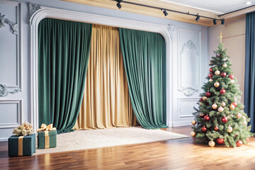 Velvet green stage curtains and a backdrop adorned with gold ribbons and stars. Luxury. Event. Party. Sophistication. Copy space.