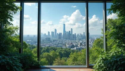 City skyline seen through large window framed by rich green trees and plants. Modern architecture contrasts with nature beauty, offering a peaceful urban view.