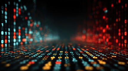 An engaging abstract background features flowing binary code and glowing lights against a dark backdrop, symbolizing the essence of big data, digital networks, and information flow.