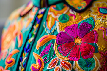 Detailed view of a vibrant embroidered garment featuring colorful floral designs and intricate stitching, highlighting the artistry and craftsmanship involved