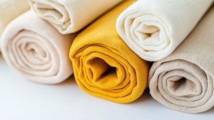 Soft pastel yellow and cream fabrics rolled up in an aesthetic arrangement