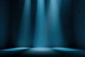 Empty room illuminated by three blue spotlights from above, creating dramatic shadows