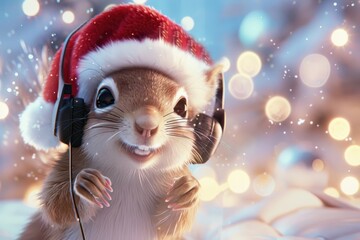 Squirrel dressed for Christmas listens to music in snow, ready for holiday sales content and winter theme projects
