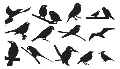 Silhouette collection of various birds sitting and flying. Vector illustration of birds in different poses on branches and in motion.