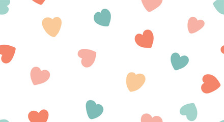 A collection of colorful heart shapes scattered across a white background.