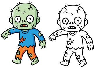  Cute Zombie Cartoon Character Vector Illustration - Undead Monster with Tattered Clothes and Stitches, Perfect for Halloween Designs and Spooky Themes