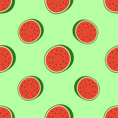 Fototapeta premium Seamless repeating pattern of cartoon watermelon slices on a light green background.