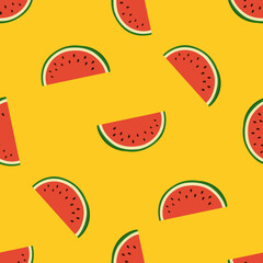 A vibrant seamless pattern of fresh watermelon slices scattered on a bright yellow background.