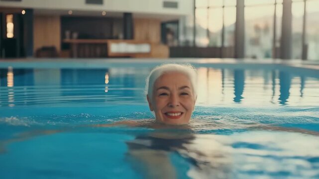 Senior woman swimming in pool with relaxing expression enjoying her time with swimming. Relaxing swimming provides great exercise for senior woman, as she enjoys the clear water and bright sunshine