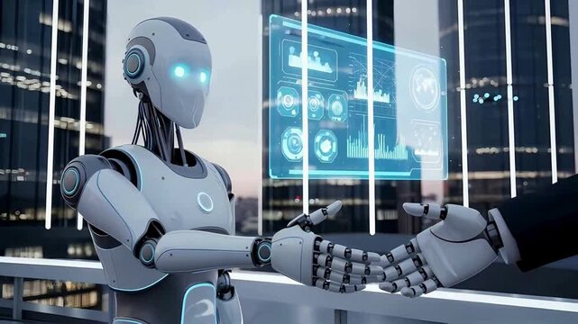 Futuristic robot extending hand for handshake in modern business setting, symbolizing AI collaboration and technological advancement for innovative ventures