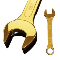 Two golden wrenches, one large and one small, displayed against a white background, showcasing tools.