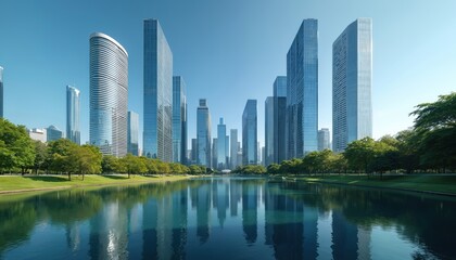 Modern cityscape with sleek skyscrapers and glass office buildings. Park with green trees and calm lake in foreground. Urban landscape with clear blue sky and reflections on water.
