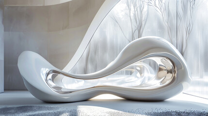 A futuristic white lounge chair with a sleek, organic design, isolated on white background, showcasing modern elegance and minimalist aesthetics
