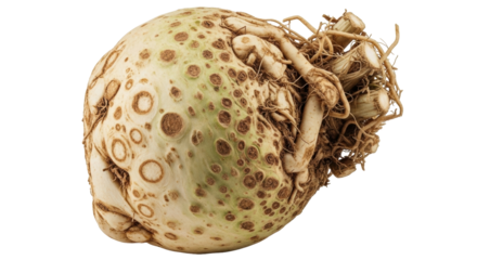 Isolated celeriac root with roots on a light surface, an ingredient for healthy eating