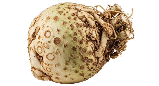 Isolated celeriac root with roots on a light surface, an ingredient for healthy eating