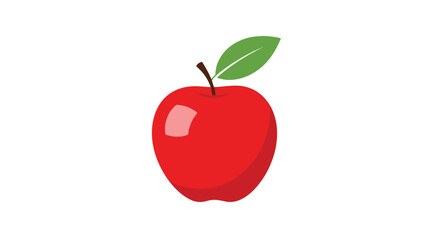 A vibrant red apple with a single green leaf and stem.