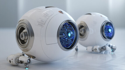 Pair of Robot/Cyborg Eyes, A modern 3D minimalist stylized pair of robotic eyes. The irises are glowing blue camera lenses with circuit patterns. Isolated on a metallic silver-gray background. 