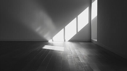 Sunlight streaming through a window casts long shadows across a wooden floor, creating a sense of warmth and tranquility isolated on white background