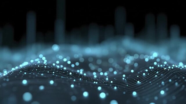 Wavy lines of small connected nodes create a landscape of blue points against a dark backdrop