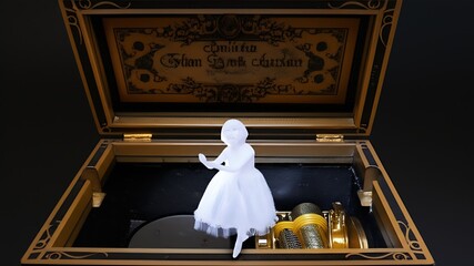 Spooky antique music box plays a charmingly off-key melody as a tiny ghost ballerina gracefully spins within its haunted interior.