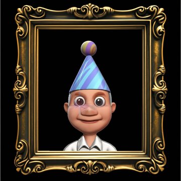 Spooky haunted portrait in an ornate frame, its eyes playfully cartoonishly follow the viewer, hinting at a whimsical subject within.
