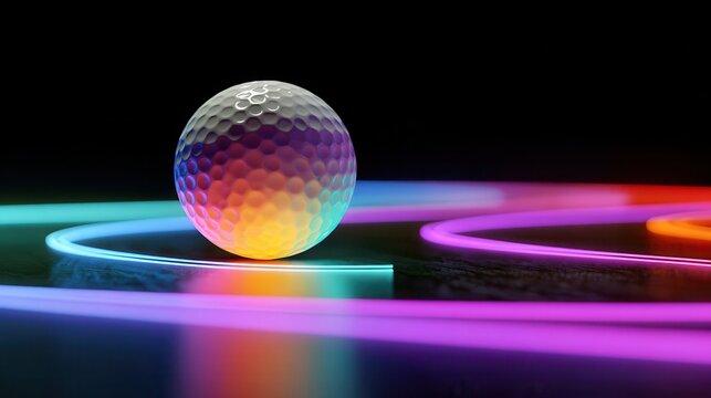 Stunning photo of golf ball on colorful neon light track with dark background.