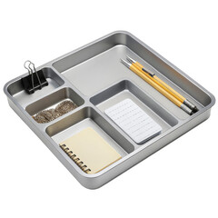 Metal desk organizer tray with office supplies