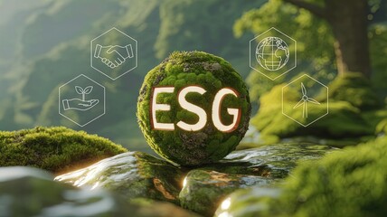 Esg Concept, Environmental, Social, Governance, Mossy Sphere with Glowing Letters, Surrounded by Icons of Sustainability Globe, Handshake, Plant, Wind Turbine in a Natural Setting