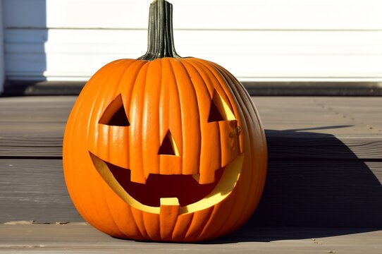 A solitary unlit jack-o-lantern sits on a sunlit doorstep, patiently awaiting the spooky festivities of Halloween night with a quiet sense of anticipation.